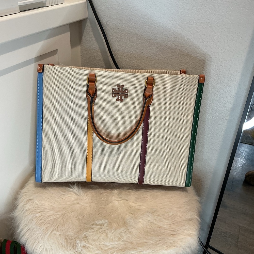 Tory Burch Cream Tote with Multicolor Stripes